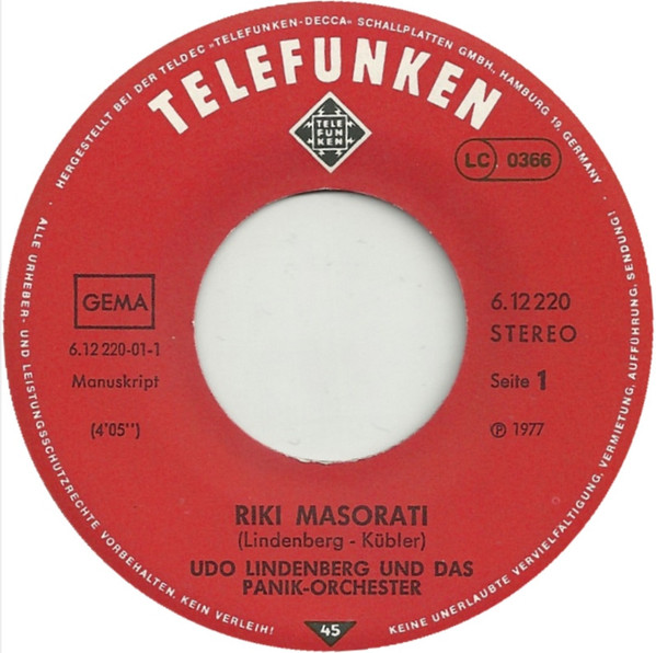 Udo Lindenberg Und Das Panikorchester - Riki Masorati / Sie Ist Vierzig 3 Udo Lindenberg Und Das Panikorchester - Riki Masorati / Sie Ist Vierzig