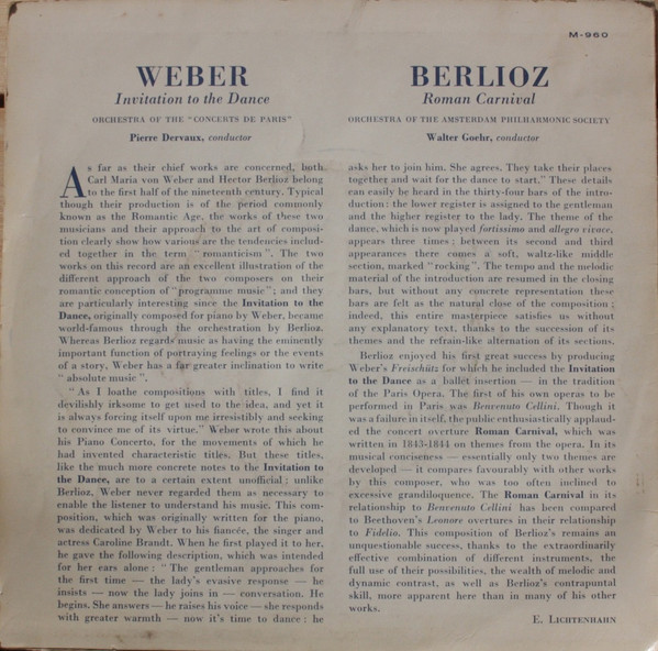 Carl Maria von Weber, Hector Berlioz, Orchestre Des Concerts De Paris, Amsterdam Philharmonic Society Orchestra - Invitation To The Dance / Roman Carnival. Overture 2 Carl Maria von Weber, Hector Berlioz, Orchestre Des Concerts De Paris, Amsterdam Philharmonic Society Orchestra - Invitation To The Dance / Roman Carnival. Overture